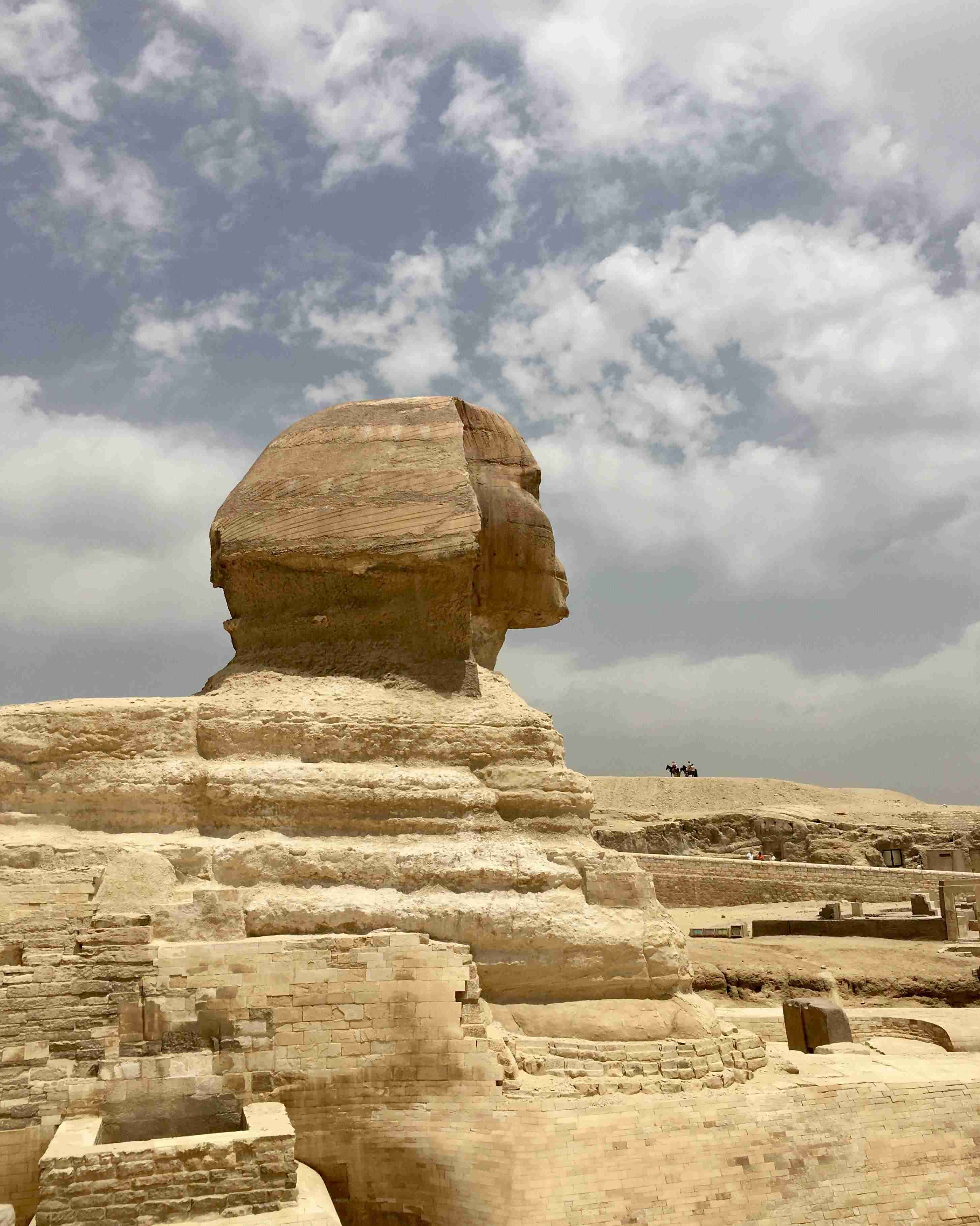 Profil latéral du colossal Grand Sphinx de Gizeh sur le plateau de Gizeh, montrant sa structure en couches et le paysage désertique à l'arrière-plan