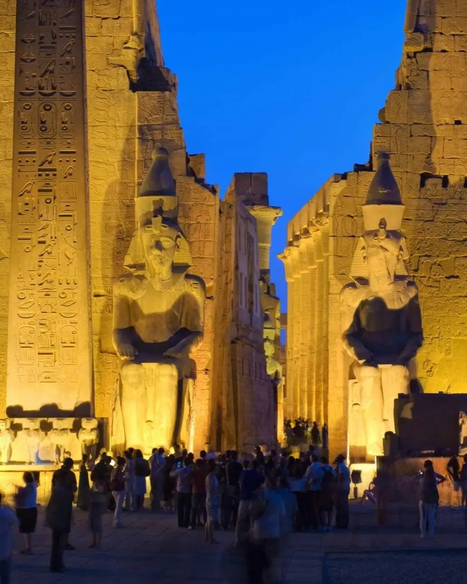 The grand entrance pylon of the illuminated Luxor Temple
