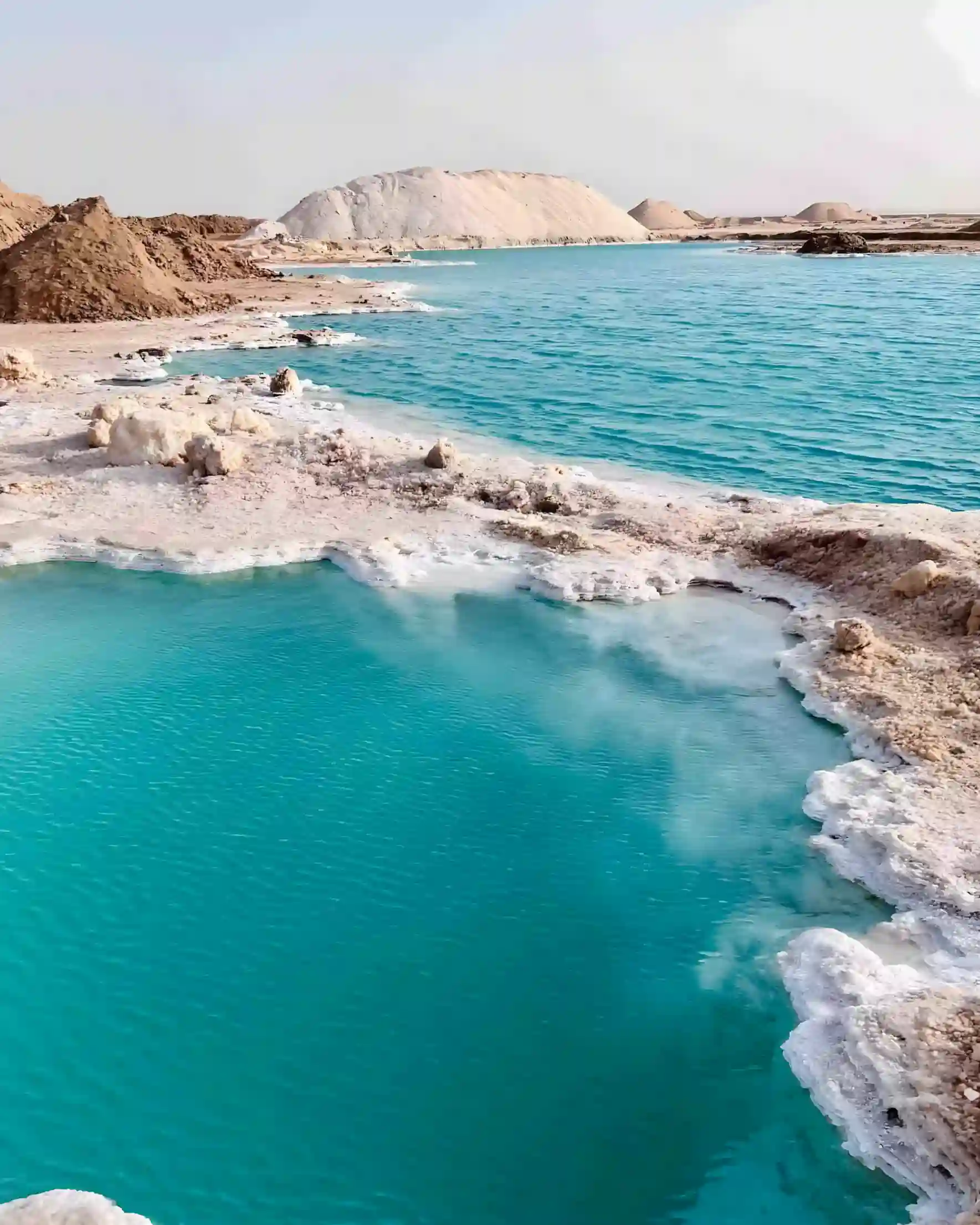 Turquoise salt lakes with crusty white mineral borders in Siwa Oasis
