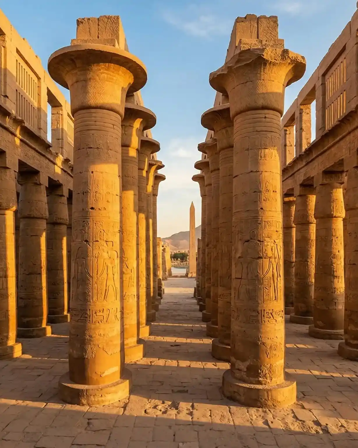 Corridor of massive, hieroglyph-carved stone columns at Luxor Temple