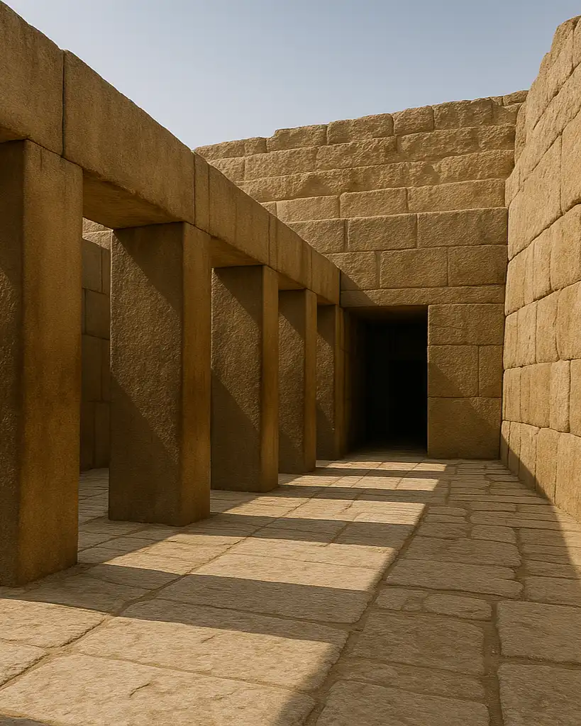 Piliers de granit rouge et maçonnerie de pierre à l'intérieur du temple historique de la vallée de Khéphren