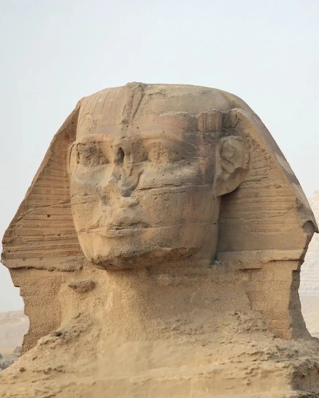 A close-up view captures the weathered limestone face and nemes headdress of the Great Sphinx